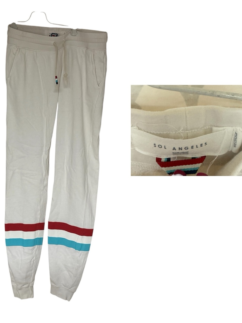 Sol Angeles womens Cream flag Jogger Pants with Red white and blue Stripes